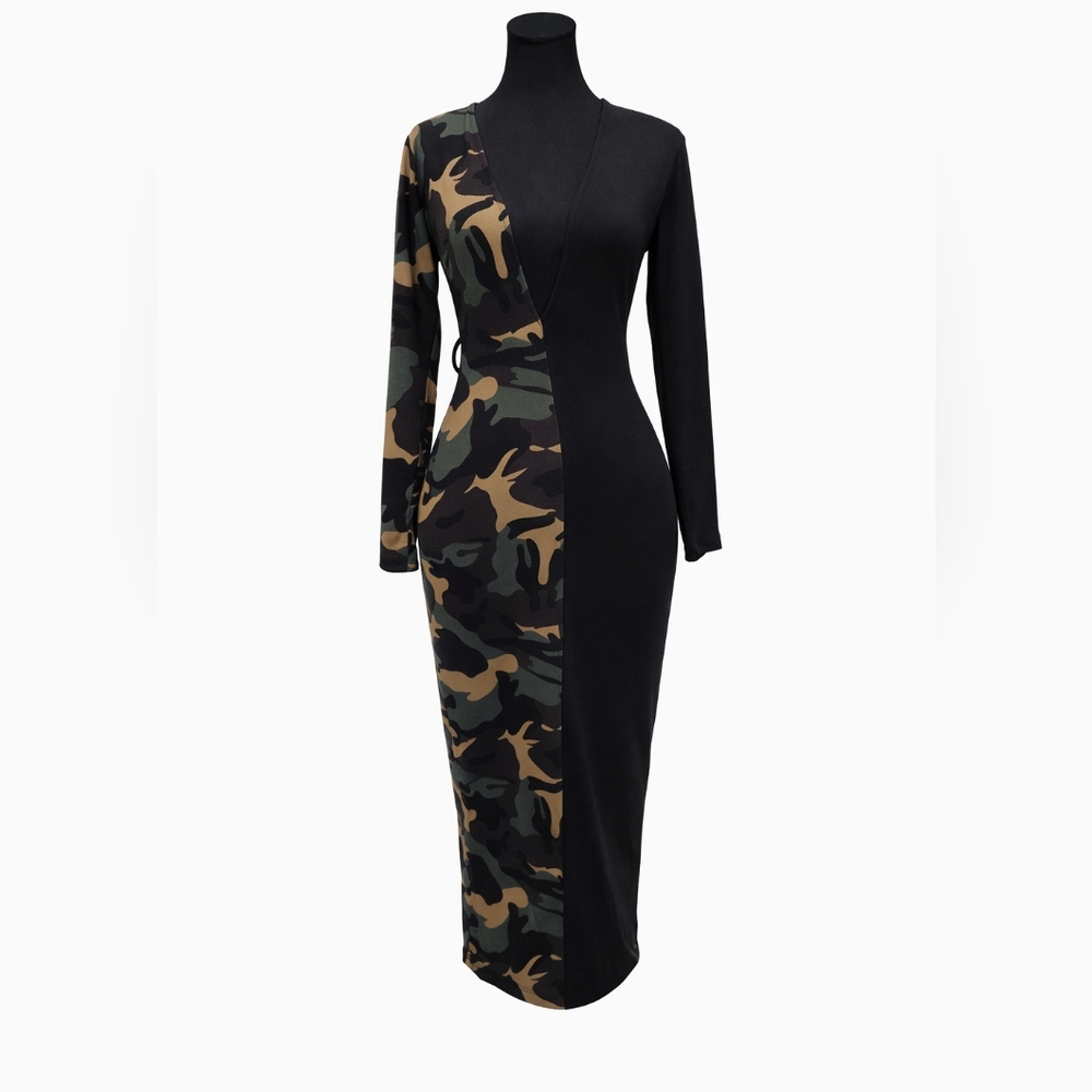 Codigo Camo/Black Colorblock Bodycon Midi Dress, ARMY GREEN, Stretchy – Size S